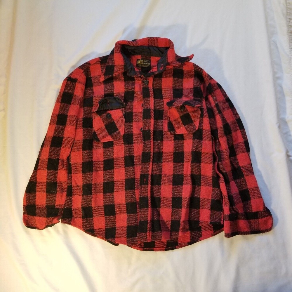 Vintage Kmart Flannel Shirt Red Buffalo Plaid Mens Large Wool Nylon Long Sleeve